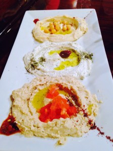 Top to bottom: Hummus, Labneh, Baba Ghanouj